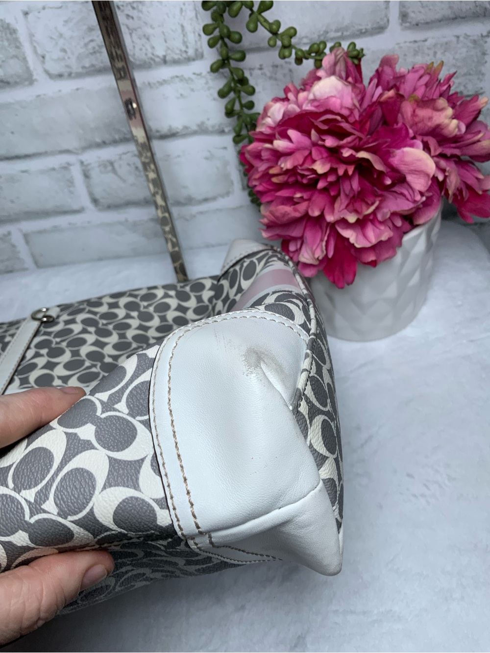 Coach Gray Signature Tote with Pink Center Stripe - Picture 12 of 13